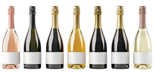 Various bottle shapes and styles of champagne or sparkling wine with blank white labels against a transparent background by different artists.