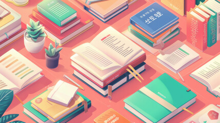Language learning textbooks and study guides for grammar and vocabulary in high quality illustration style