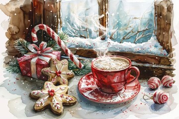 Holiday Illustration of Steaming Cocoa with Candy Canes and Gingerbread Cookies in Vintage Watercolor Style, Snowy Window Scene in Background