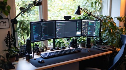 Cozy Workspace with Triple Monitor Setup and Plants