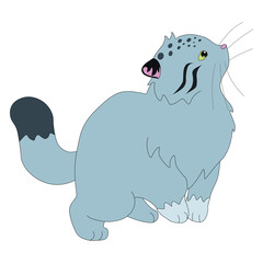 cute wild cat manul stands on his furry paws and looks up, stock vector, cartoon