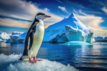 Fototapeta premium Charming Chinstrap Penguin in Natural Habitat on Antarctic Iceberg with Beautiful Ocean Background