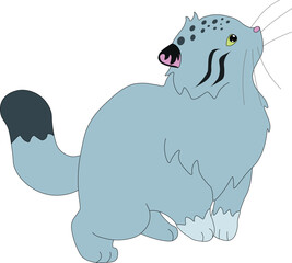 cute wild cat manul stands on his furry paws and looks up, stock vector, cartoon