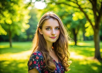 Naklejka premium Charming English Girl with Natural Beauty Posing Outdoors in a Lush Green Park on a Sunny Day