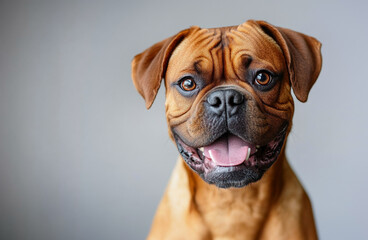 Obraz premium Boxer crossbreed dog is panting and smiling with a grey background