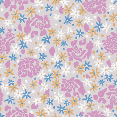 Vector rose with ditsy floral illustration seamless repeat pattern