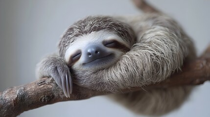 Obraz premium Peaceful Sloth Resting Contentedly on Tree Branch in Lush Forest Canopy. Adorable Furry Mammal Sleeping Calmly,Slow Living in Natural Habitat.