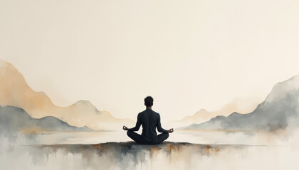 Man meditating outdoors in calm mountain landscape