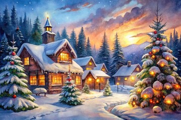 Fototapeta premium Charming Watercolor Christmas Scenes Featuring Snowy Landscapes, Festive Decor, and Warm Lights