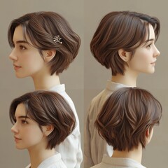 Stylish short hair with an elegant hairpin, showcasing a modern and sophisticated look in various angles.