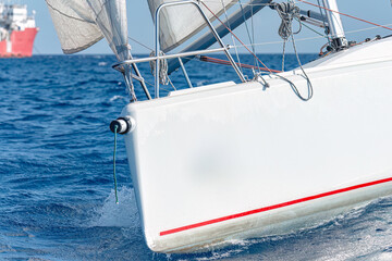 White sailboat sailing fast on blue ocean water