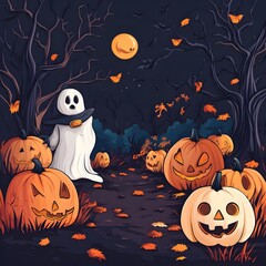 Fototapeta premium Enchanting Cartoon Halloween Scene with Pumpkins Ghosts and a Mystical Night Landscape