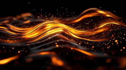 Flowing golden abstract waves with sparkles on a dark background.