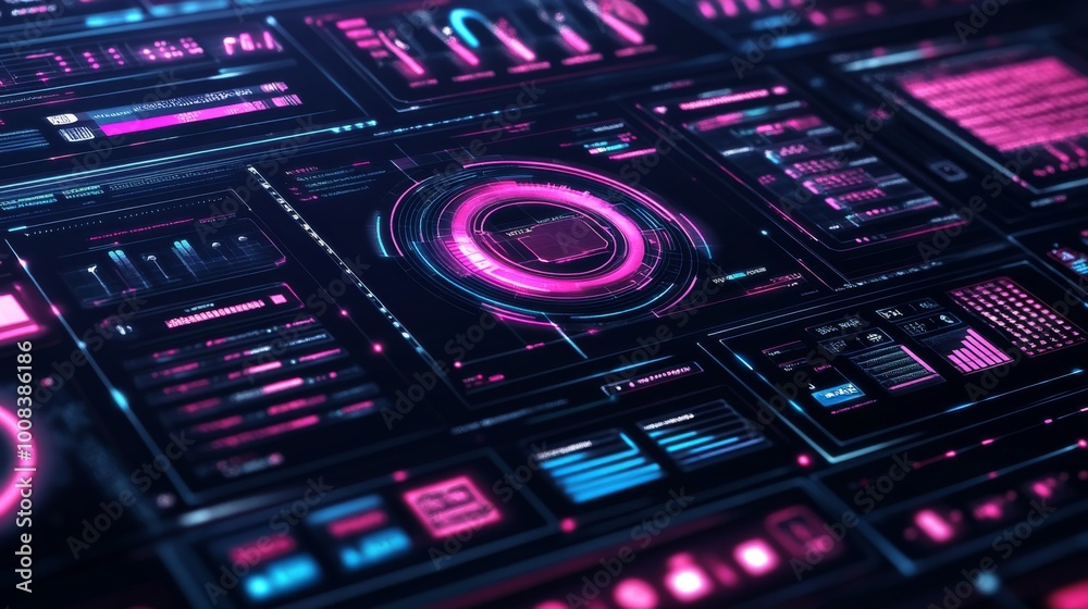 Poster futuristic neon interface with data visualization elements