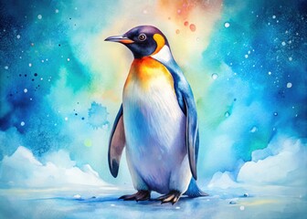 Fototapeta premium Charming Watercolor Penguin Illustration on a Soft Blue Background for Art and Decor Projects