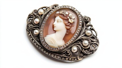 Naklejka premium Antique Cameo Brooch with Intricate Ornate Design and Pearls