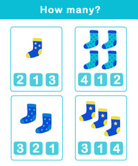 Counting educational children game. Math kids activity sheet. How many counting game with cute socks illustration.