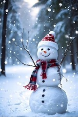 Obraz premium Cheerful snowman in a snowy forest with red scarf, winter holiday festive greeting card