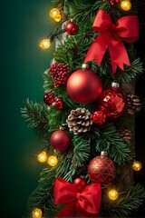 Fototapeta premium Festive Christmas garland with red decorations against green background, holiday decor inspiration