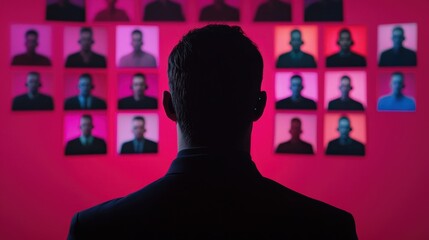 Silhouette of a man observing a wall of diverse portraits against a vibrant background.