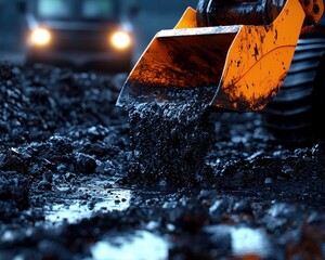 Heavy machinery excavating dirt in a construction site under dim lighting.