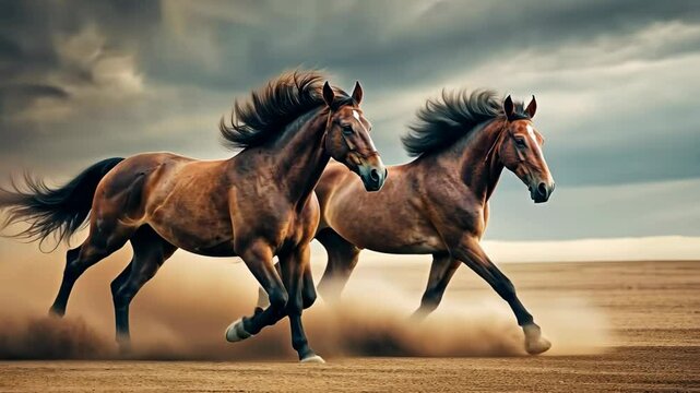 Dynamic wild horses galloping across the desert landscape under dramatic skies, 4k footage
