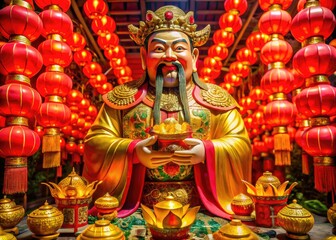 Fototapeta premium Chinese God of Wealth with Gold Ingots and Red Lanterns Symbolizing Prosperity and Abundance