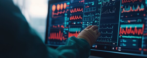 Close-up of a hand interacting with high-tech monitoring system, displaying graphs and data analysis.