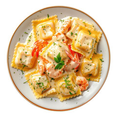 plate of Lobster ravioli pasta with creamy sauce top view isolated on transparent white background, clipping path