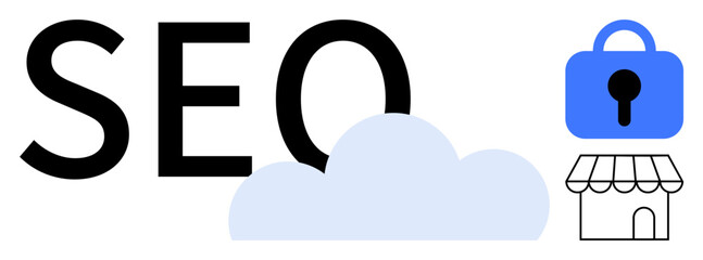 SEO text with a cloud, a store icon, and a padlock emphasizes internet security and online business. Ideal for digital marketing, ecommerce security, web hosting, cloud services, and small business