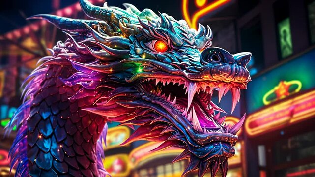 Animated colorful neon dragon head, close-up. Chinese dragon, glowing vibrant colors, traditional mythical creature.