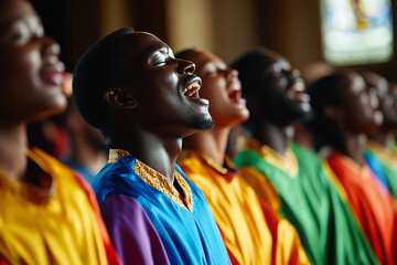 Obraz premium Vibrant Gospel Choir Singing in Colorful Robes at Church Service 