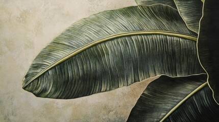 Realistic close-up of a banana leaf, showing detailed veins and natural textures with a soft background.