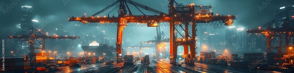 Poster this image captures the dynamic and bustling atmosphere of a major cargo port at night. towering gan
