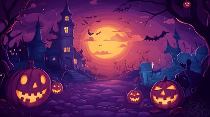 Spooky Halloween Haunted Forest Night with Glowing Pumpkins and Bats