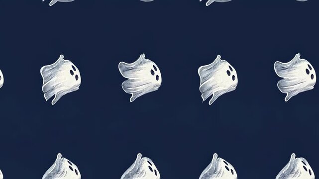 Seamless Halloween pattern with flying spooky ghosts on a deep blue background
