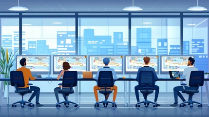 IT professionals working in a modern office, surrounded by multiple computer screens displaying code and network diagrams cartoon Vector Illustration