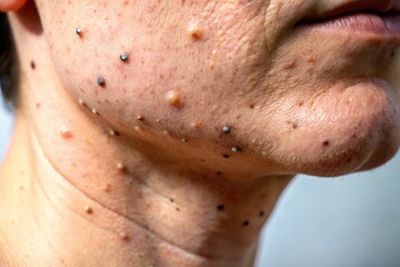 Close-up Image of Blackheads on Neck Skin with a Focus on Pore Clogging and Skincare Issues