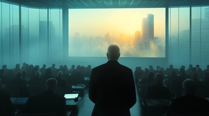 Business Presentation Over Cityscape at Sunrise