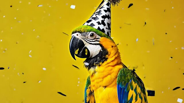 Colorful parrot wearing a party hat with confetti against a vibrant yellow background, 4k footage