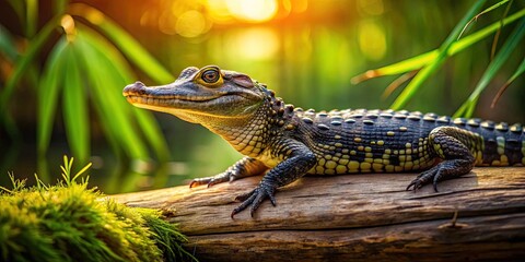 Naklejka premium Close-Up of a Baby Alligator Sunbathing on a Log in a Natural Habitat with Lush Greenery Surrounding