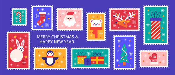 Postage stamp set of Christmas and Happy New Year post card illustration. Advent Calendar style, winter holiday sticker celebration mail postmark. Vector concept trendy design