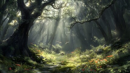Enchanted forest with sunlight filtering through trees and flowers.