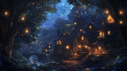 Enchanted village illuminated by stars and lanterns at night.