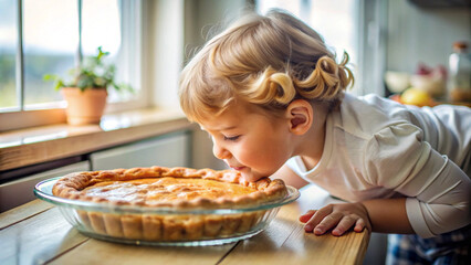 Little girl leaning over to smell homemade pie on wooden table