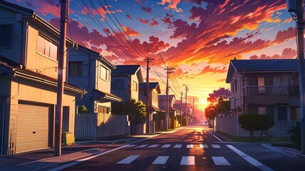 Colorful Sunset Suburban Street Scene.