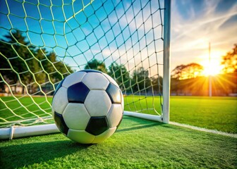 Close-up of a football nestled in the net of a goalpost on a vibrant green soccer field