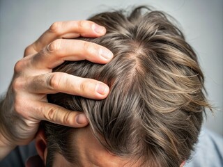 Naklejka premium Close-Up of a Hand Scratching an Itchy Scalp Against a Neutral Background in Natural Light