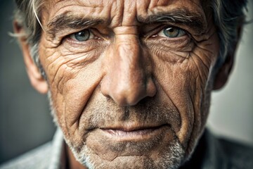 Close-up of a mature man's face showing deep wrinkles and expression lines in natural light setting