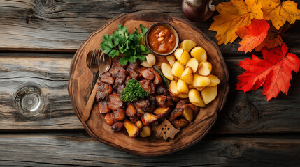 Fototapeta premium The national food of the Canadian cuisine on a beautiful wooden stand